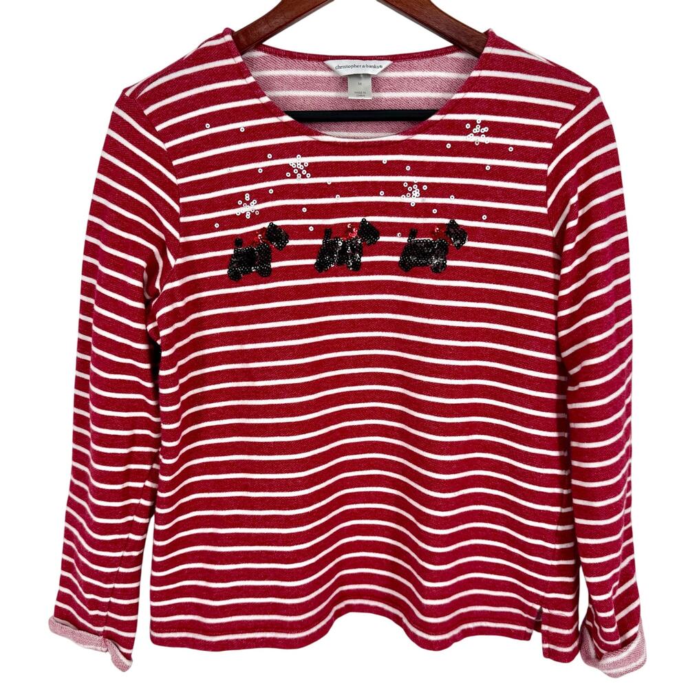 Christoper & Banks Sz Medium Christmas Scottie Dog Artsy Red Blouse Shirt Top